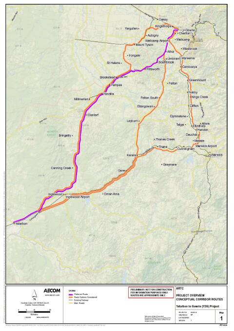 SHOWN IN PINK AND PURPLE: The federal government will announce the contentious Queensland section of the inland rail appears will cross the Condamine floodplain. 