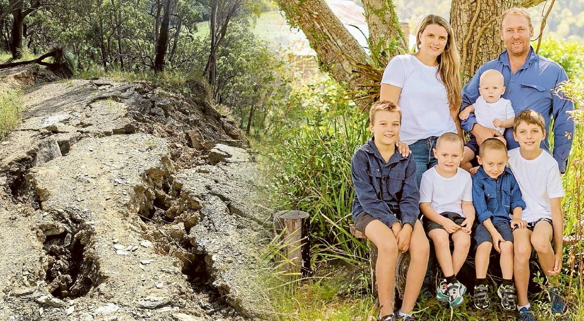 Beef producers including Newman Hollis, pictured with his family, can't get weaners to market after rain caused a landslip on their road.