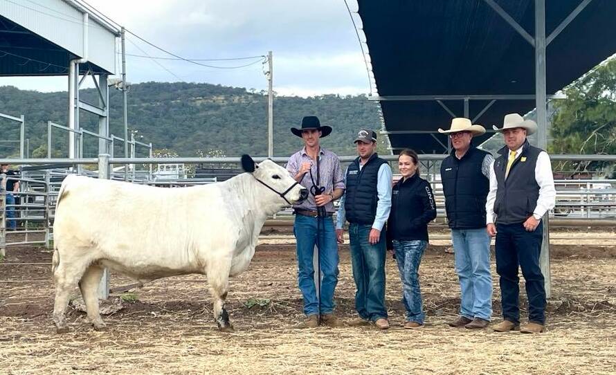 The standout female, Battalion Heartbreaker R16, with Grant Kneipp, Battalion Speckle Park stud, Dundee, purchasers Dale and Stacey Jones, Ivery Downs Speckle Park stud, Colinton, Qld, Stuart Sheldrake, McGrath Upper Hunter, and auctioneer Ryan Morris, Ray White GTSM, Albury.