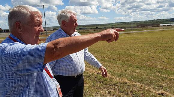 Wagner Corporation chairman John Wagner outlines the site plan for the proposed Toowoomba Wellcamp Airport quarantine facility to Toowoomba Mayor Paul Antonio.