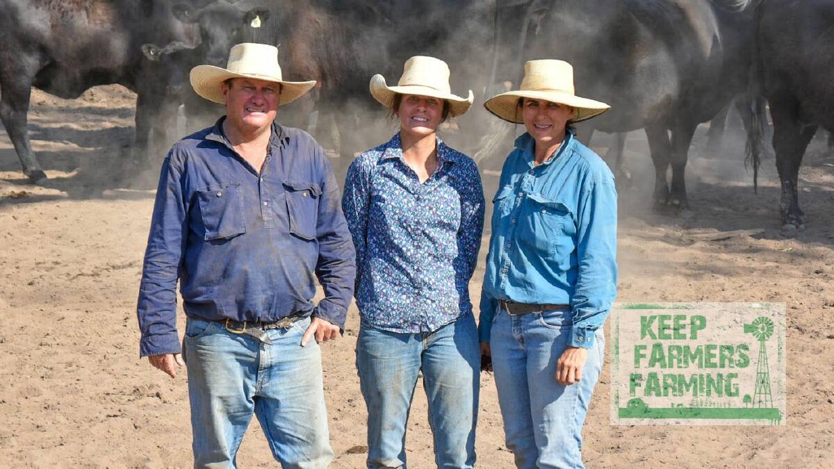 Central Queensland beef producers Mark, Laura and Helena Collins on their property Unumgar, near Moura. Picture: Ben Harden 