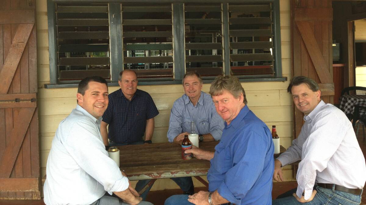 Darren Grimwade, John Grant, Howard Hobbs, Vaughan Johnson and Anthony Shorten at the Gregory Downs Hotel in about 2013 on a parliamentary committee trip. Picture supplied. 