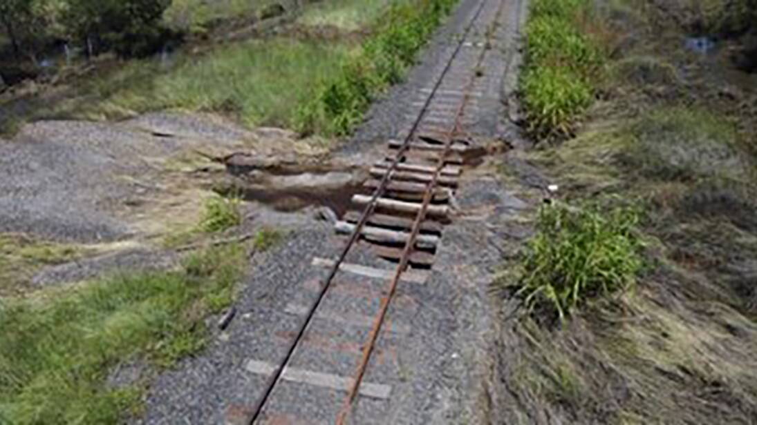 One of the partly washed away rail lines in southern Queensland. Picture supplied.