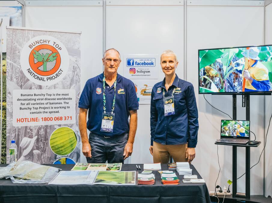 Banana bunchy top virus inspectors Wayne Shoobridge and Sam Stringer at a Banana Congress, giving out advice on symptoms and what to look for. Picture supplied.