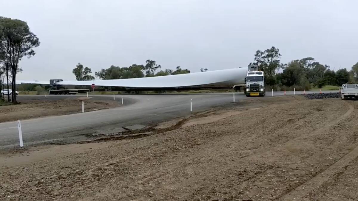 Truckies are tasked with a difficult job of delivering 80m wind turbine blades from Brisbane to Dulacca. Picture: Jamie Theore, RES