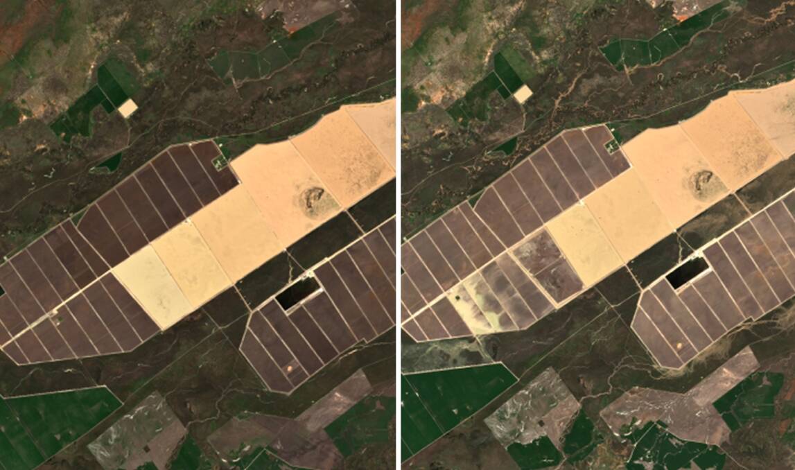 Sentinel-2 satellite imagery shows Cubbie Station's M3/4 ring tank on September 4 (left) and then on September 14. Picture: ESA