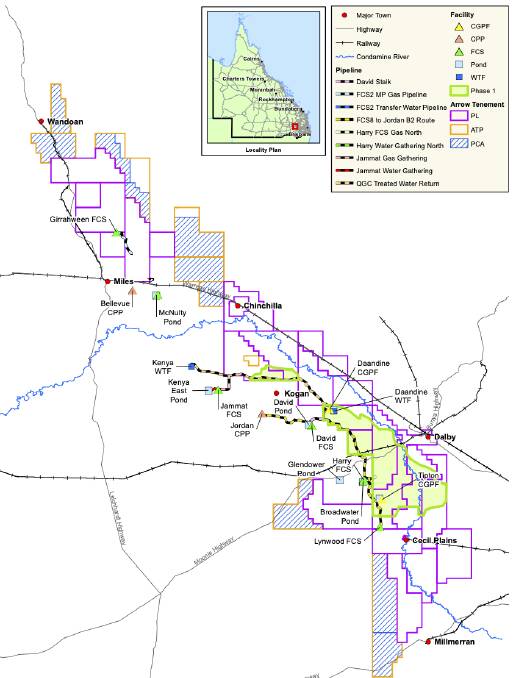 Arrow Energy's future plans for the Darling Downs. Works will start east of the Condamine River in 2023, subject to approvals, and are indicated in green. Image: Supplied