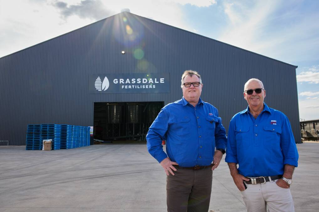 BIG OPERATION: Grassdale Fertiliser chairman and Mort & Co CEO Stephen OBrien (left) and Mort & Co executive chairman Charlie Mort at the production facility. Photos: Supplied