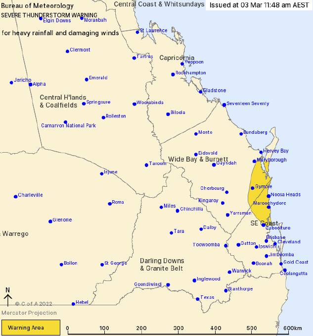 BoM issues a severe thunderstorm warning at 11.48am for parts of the south east. Image: BoM
