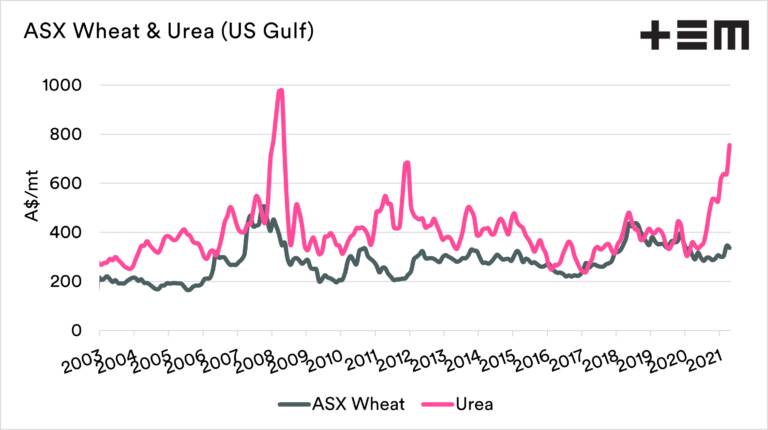 UREA JUMP: The price of urea compared to the price of wheat in Australian dollars per tonne. Source: Thomas Elder Markets.