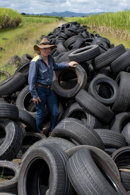 DUMPED: Beenleigh area cane and cattle farmer Suzie Burow-Pearce has been lumped with 1300 tyres courtesy of selfish criminals. Photo: Canegrowers