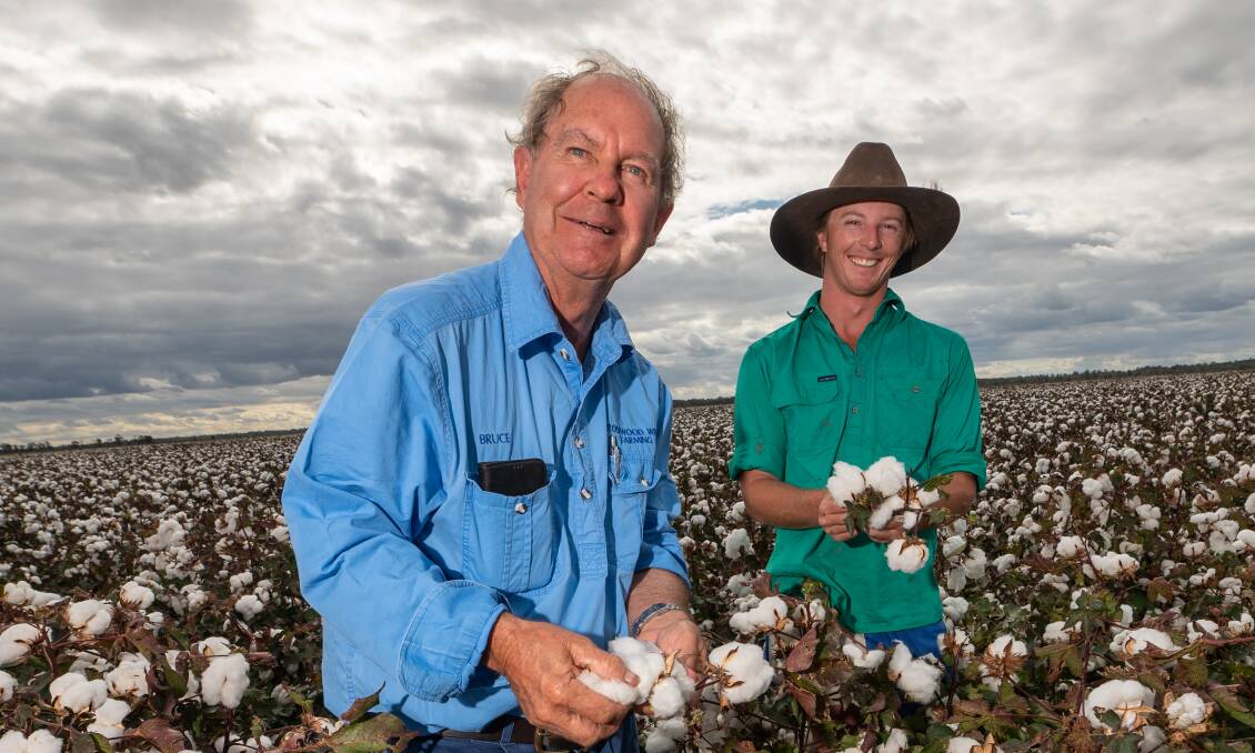 Bruce Bailey and son-in-law David Cross are optimistic about this season's cotton crop at Rosewood West. Pictures by Brandon Long
