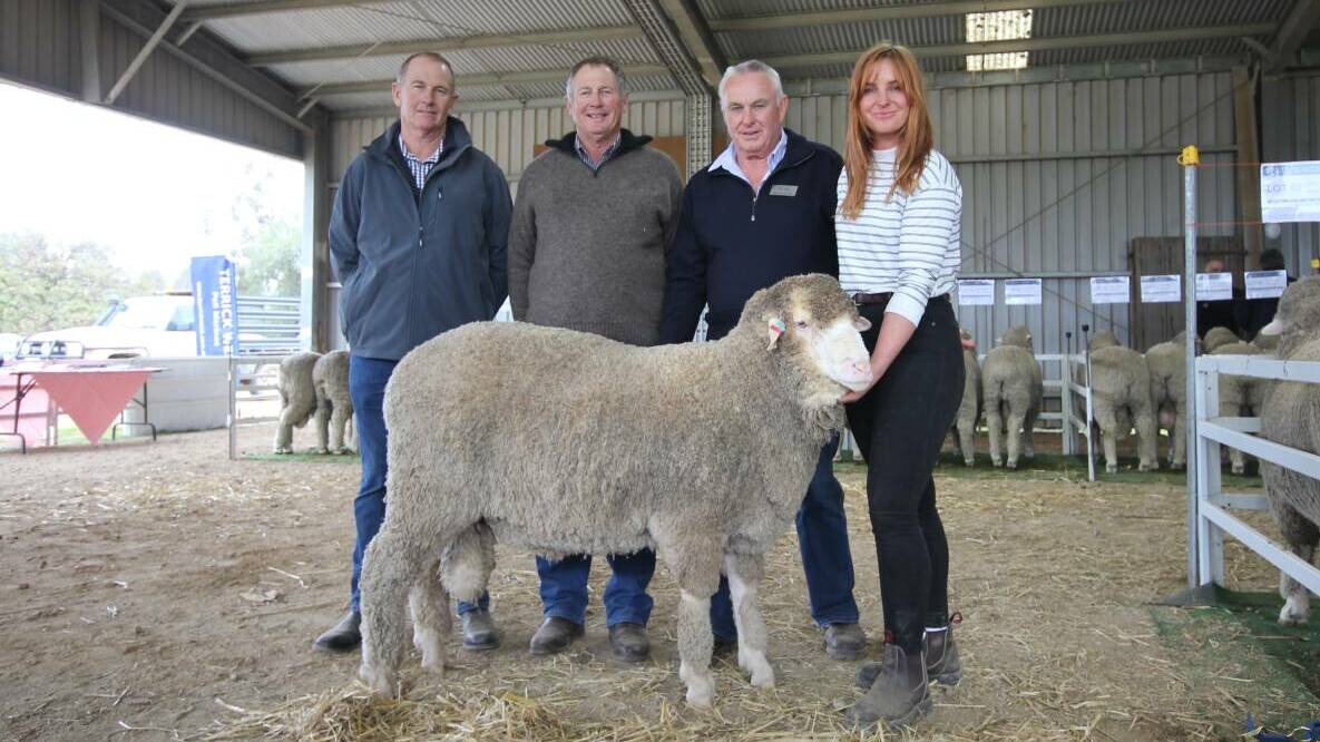 Dunedin Park Poll Merino stud principals Warren and Stuart Duncan, Wentworth, NSW, with Terrick West stud co-principals Ross and Claire McGauchie, Prairie, and the top-priced $8000 ram. Picture by Holly McGuinness.