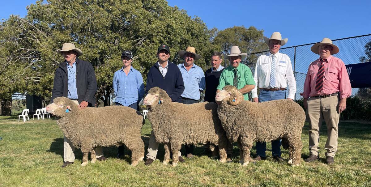 The top three Yarrawonga rams pictured with Angus Campbell ($22,000), Ashley Meaburn, Sam Phillips ($18,000), Damian Meaburn, Wool Solutions, Steve Phillips, Rick Power ($26,000), Paul Dooley and Tim Schofield, Elders, Cooma.
