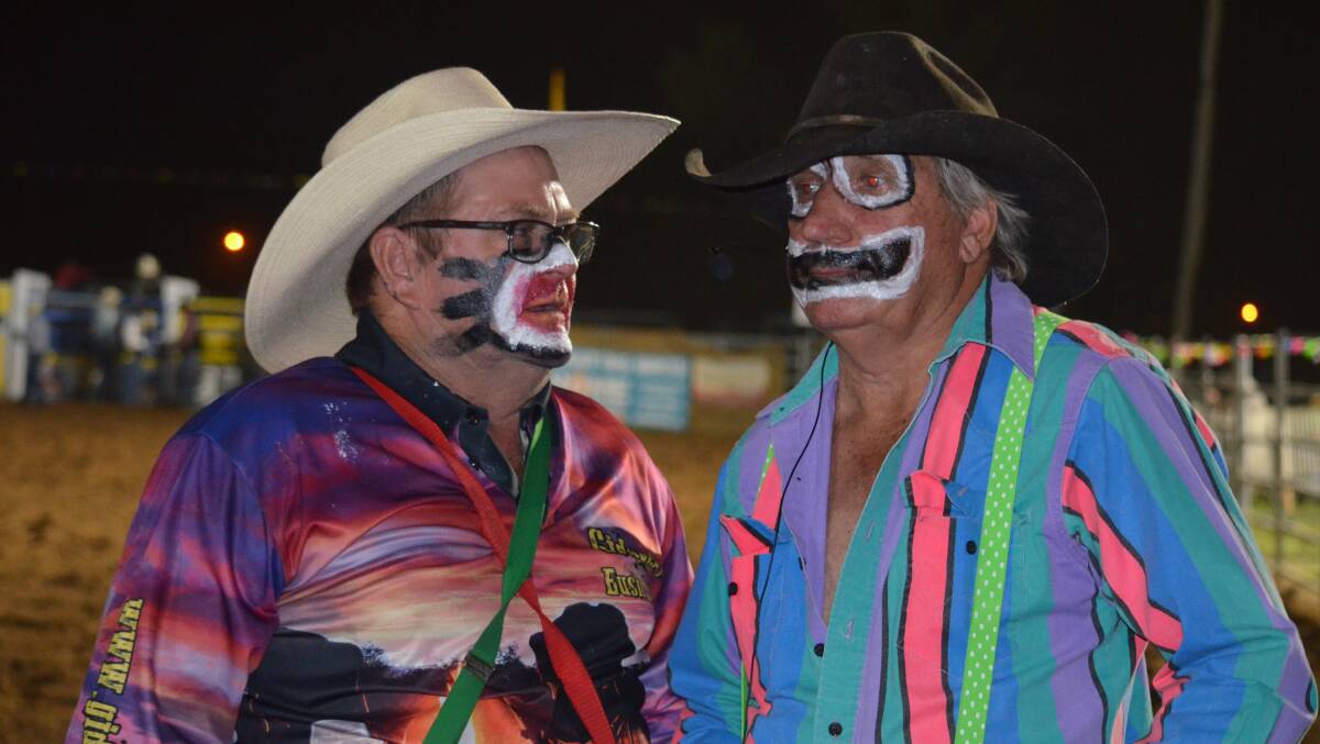 Rodeo clowns Evan Batch and Col Grealy, returned to the Chinchilla rodeo last week.