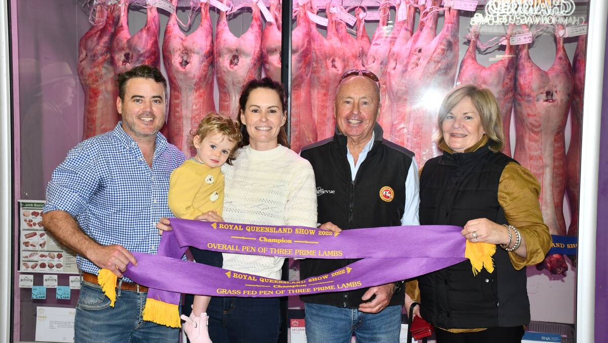 Joel and Daphne Madge, Sophie, David and Robbie Curtis of Bellevue Dorpers claim their ribbons at the 2022 Ekka prime lamb competition. Picture: Clare Adcock