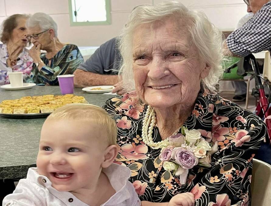 99 years and 2 months between them: Muriel Keliher at her 100th birthday celebration with friends grandson, Jordan Alexander, 10 months-old