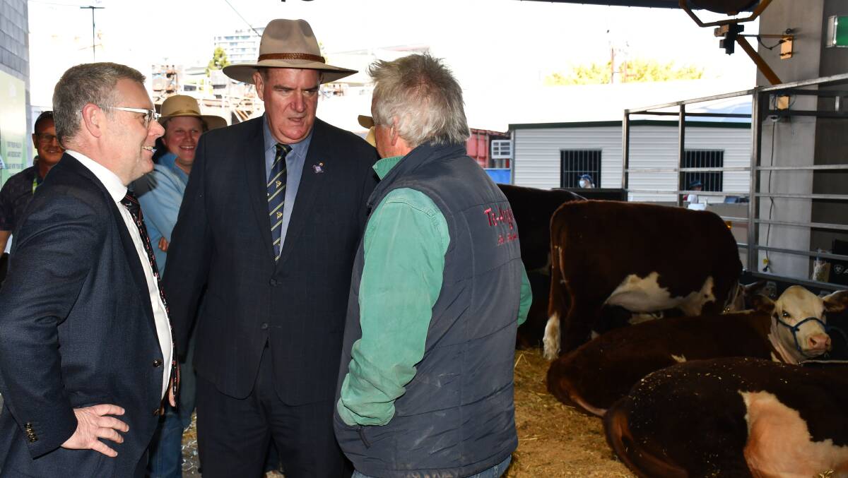 State agricultural Minister Mark Furner and Federal Minister for agriculture Murray Watt chatted to producers, such as Richard Ogilvie of Te-Angie Poll Hereford stud. Picture: Clare Adcock