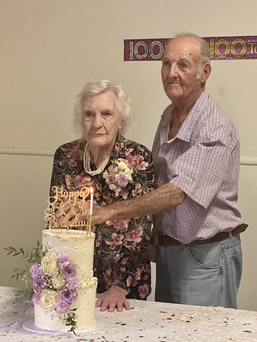 100 years young: Muriel Keliher with her son Michael celebrating her century milestone at the Langshaw hall.
