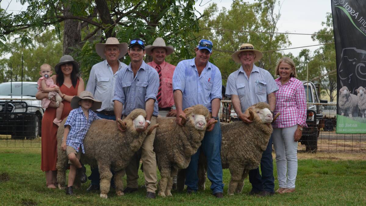 Katie Little, Nigel Brumpton, Aaron Little, Elders agent Dave Phillips, Kane Little, Bob Little and Margaret Little, with three of the top priced Mt Ascot rams, bought for $5000. Photo: Clare Adcock