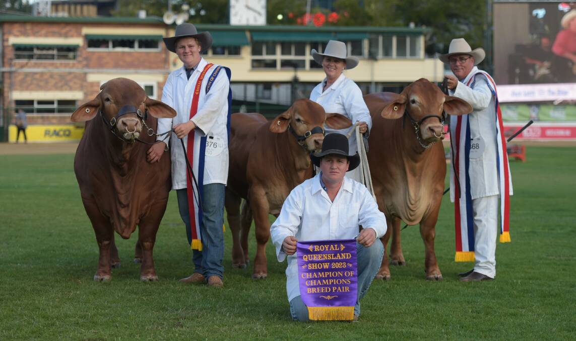 Ryan, Carissa, Jason and Brendon Chuilds with the champion of champions interbreed pair. Picture by Lucy Kinbacher