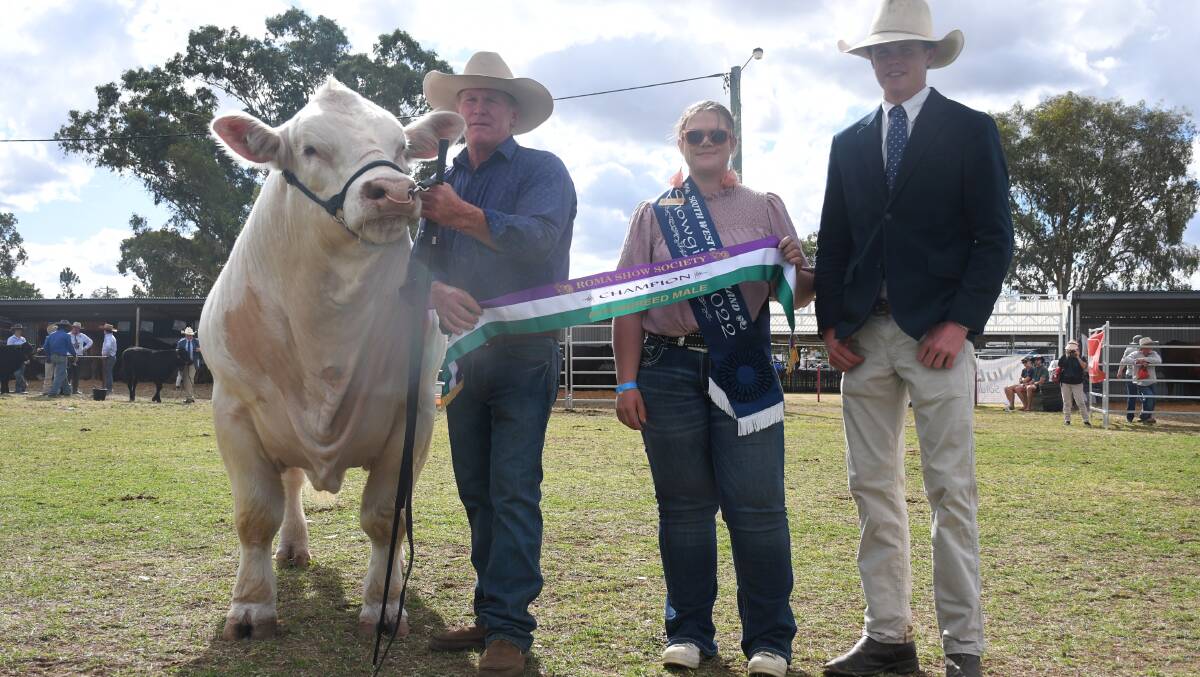 Interbreed bull champion, Moongool Slingshot, exhibited by Moongool Charolais, Yuleba, with Ivan Price, 2022 South West showgirl Steph Usher and judge Lachlan Spry.