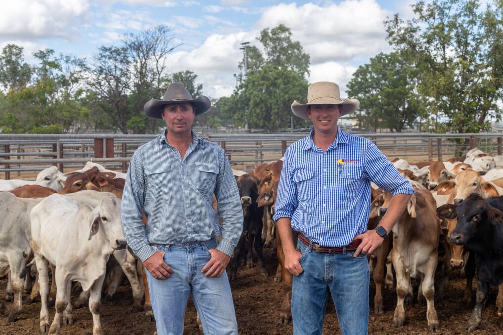 Thomas Mills of Mills Cattle Company, Vuna Station, Hughenden with Queensland Rural Charters Towers livestock agent Nick Malone. Picture: Zoe Thomas. 