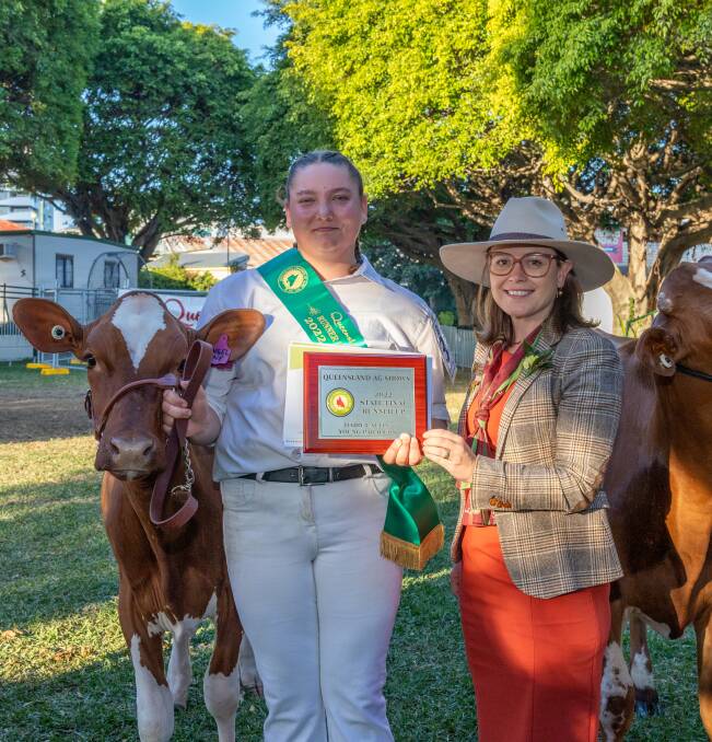 Queensland Ag Shows Dairy Young Paraders reserve champion Terese Daley with Queensland Ag Shows president Kerri Robertson. Picture: Zoe Thomas. 