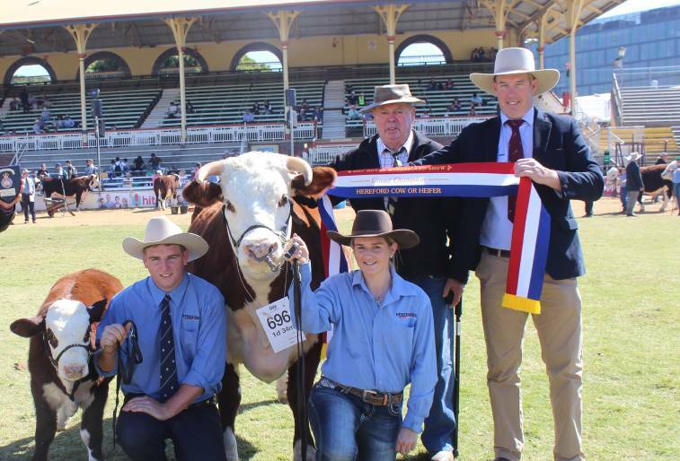 Senior and grand champion Hereford, Bonnie Brae Lioness 2 with Jessica Grosser, Ryan Grosser, Neville Farrawell, and Andrew Donoghue in August 2016.