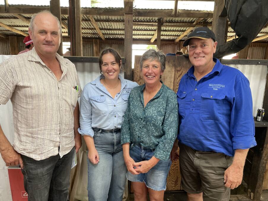 John Coughlan, Cudal Park, Cudal catches up with Kate, Rachel and Tom Rummery, Wandjina Pastoral, Bendemeer at the Yalgoo ram sale.
