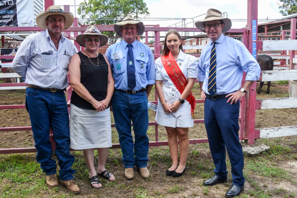 Steve McMineman, Paula Boatfield, Amy Kuhne Qld Country Life Showgirl Runner-up, Show President Brett Boatfield with David Littleproud member for Maranoa catching up at Stanthorpe show. Picture: Supplied Sandra McEwan