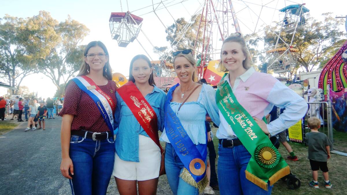 Miss Showgirl 1993 Julie Williamson (second right) caught up with Sarah Rose QCL Showgirl 2022, Amy Kuhne QCL Showgirl Runner-Up 2022 and Anna Ferguson QCL Showgirls Choice 2022 at the first Queensland ag show for 2023. Picture: Supplied Lawrence Sehmish-Lahey