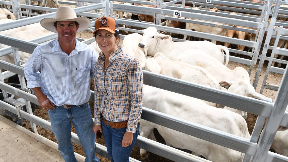 Alan and Natalie Goodland, Clare Grazing, Theodore, with the best Brahman and Brahman-infused pen at Biggenden. Picture: Brad Marsellos