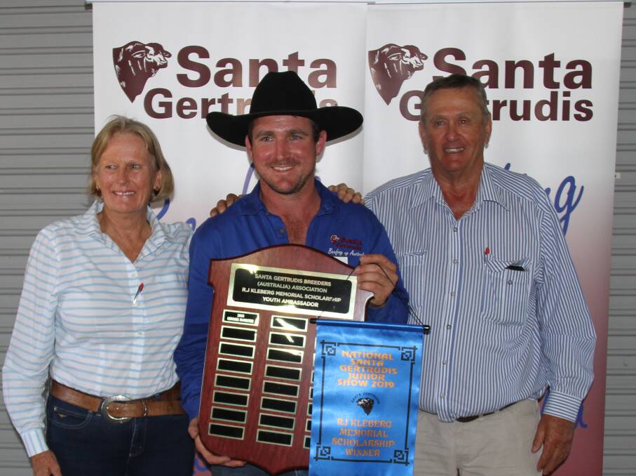 The recipient of the RJ Kleber scholarship in 2019 was Robert Murphy. He is flanked by Peta and Robert Adams. Picture supplied 