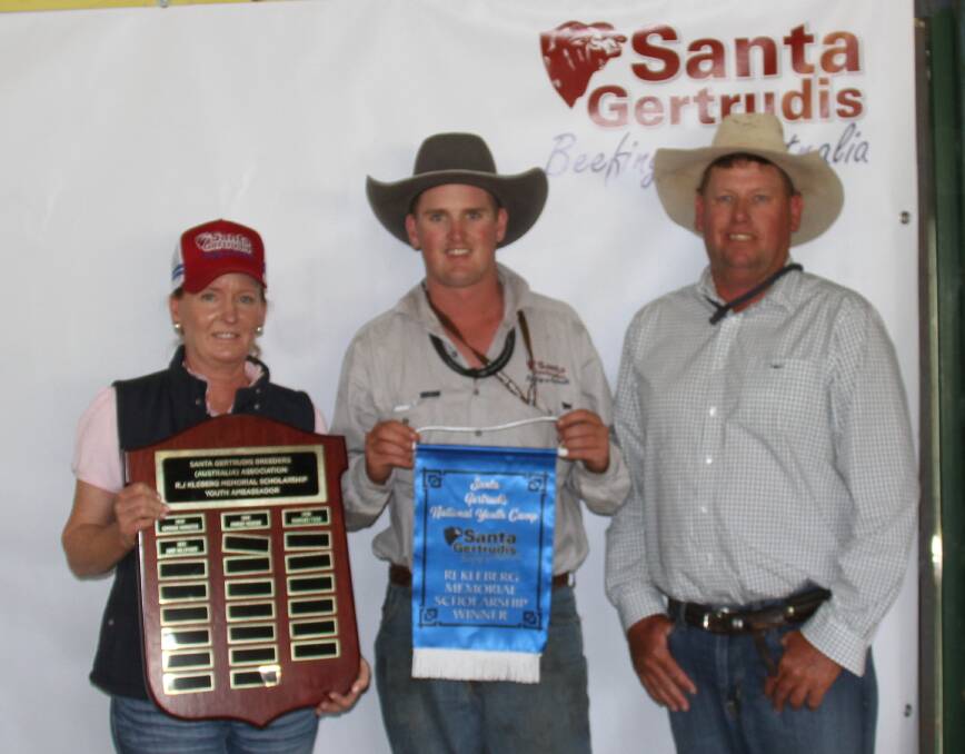 The most recent recipient of the RJ Kleberg scholarship, and this year's Santa Gertrudis Breeders Association's youth ambassador, Lachlan Martin, flanked by Louise and Tony Prentice. Picture supplied 