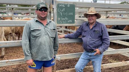 Gavin and Jim Smith, Gideon Park Winton, who sold Charolais Steers for 356.2c/kg weighing 262kg returning $935.00/hd. They also sold Charolais Heifers 290.2c/kg weighing 275kg returning $798/hd. Picture: GDL Blackall 