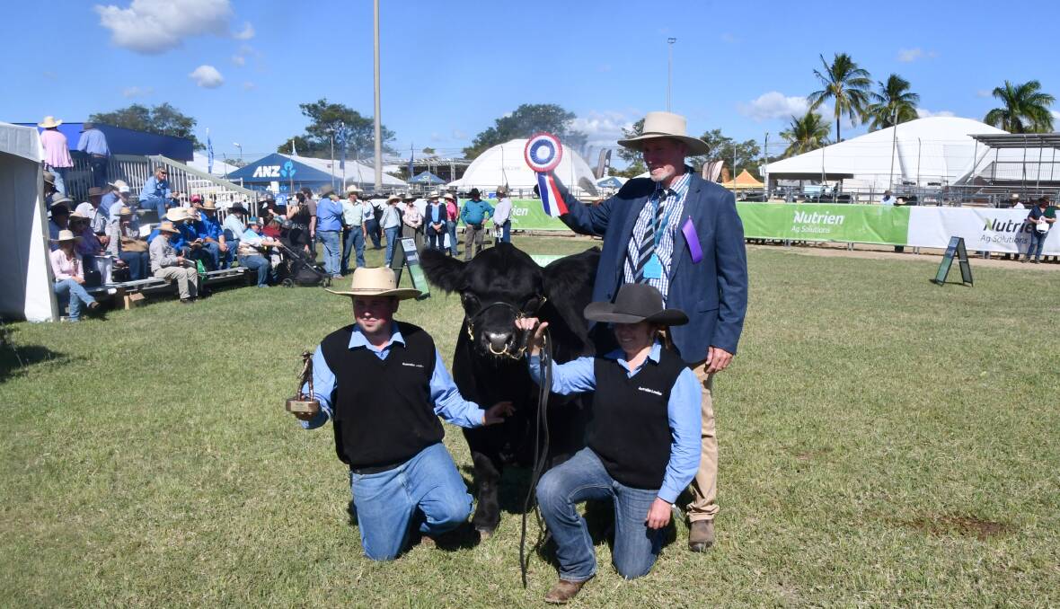 Matt Cooney, Cann Valley Cattle Co, (left) with the Grand Champion Lowline Bull, Cann Valley The Big Bang, with judge Graham Brown and parader Carlie Macklemann. Picture: Judith Maizey