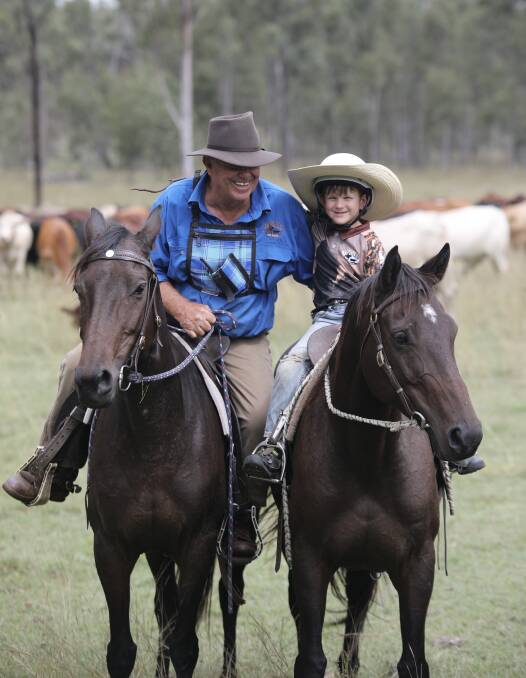 Boss drover Bruce Tye with the youngest drover on this year's drive, seven-year-old Bennett Scholl, Wellstation, Eidsvold. Picture: Paula Heelan Photography