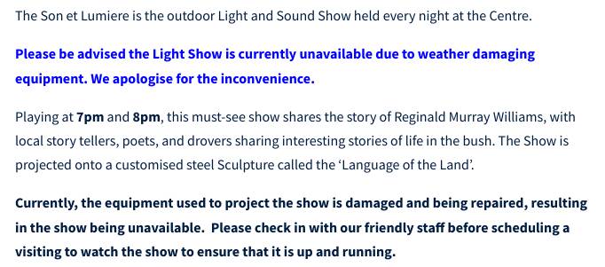 Screenshot of the message on the Reginald Williams Centre's website detailing why the two shows are not running.