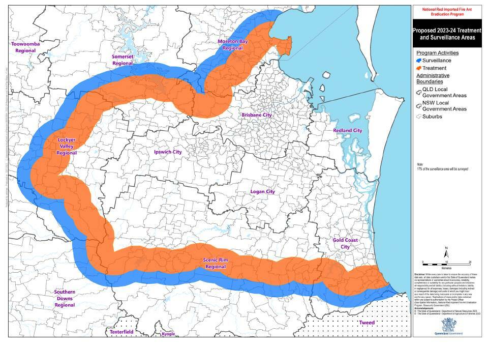 The proposed 2023-24 surveillance and treatment areas in the new national fire ant eradication program. Picture: Supplied