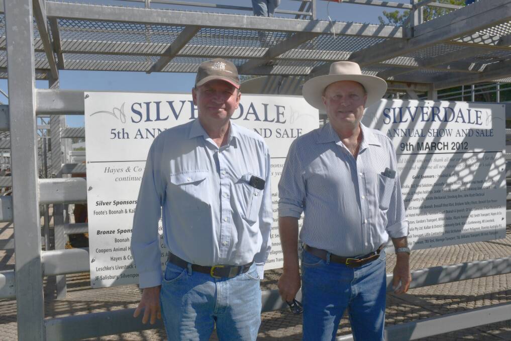 Boonah graziers Smoke Gillett who attended to keep an eye on the market and Doug Kirchner who sold 38 feeder steers. Picture: Alison Paterson 