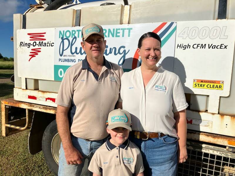 North Burnett Plumbing directors Nikita and Terry Staib with son Nash, 6, said they turn down around 50 per cent of the work they are offered as they do not have the workforce to sustain more clients. Picture: Supplied 
