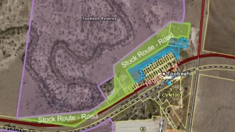 The map showing the 220ha reserve in Toobeah which includes a stock route which is the subject of discussion between the Department of Resources and the Goondiwindi Regional Council regarding its transfer to the Bigambul Aboriginal Corporation. Picture: Supplied.