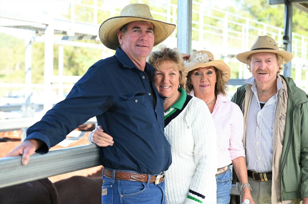 Malcolm and Chick Gadsby with Talgai Santa Gertrudis owners Roz and Max Baldwin with their steers which won the champion pen of show. Picture: Lacey- Toro Photography
