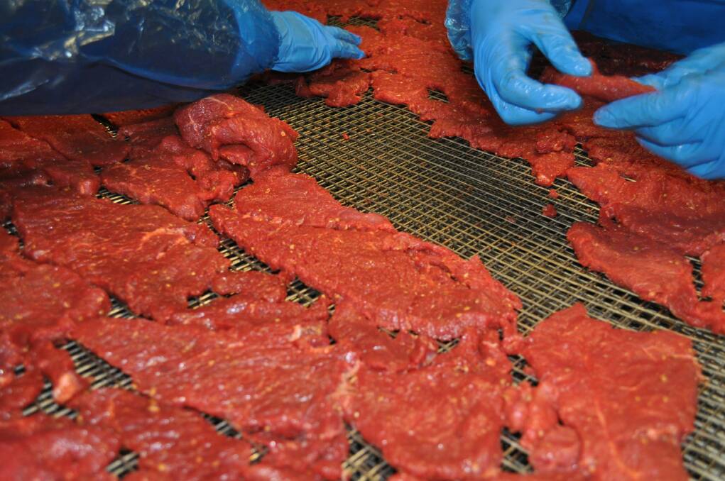 The raw ingredient of Jim's Jerky being racked at the MGFG processing plant. Picture: Supplied. 