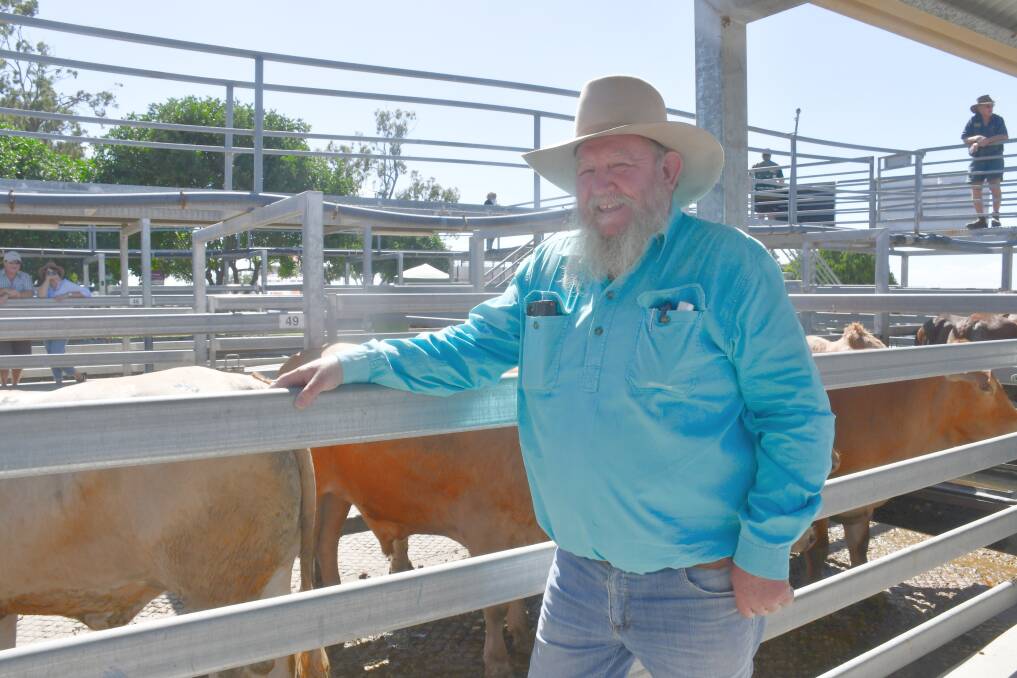 Grazier Doug Gelhaar with his pen of Charbray cattle for which he received the Jack Hayes Memorial Trophy for pen of six pasture fed bullocks at the Silverdale 18th Annual Show and Sale on April 12, 2024. Picture: Alison Paterson 
