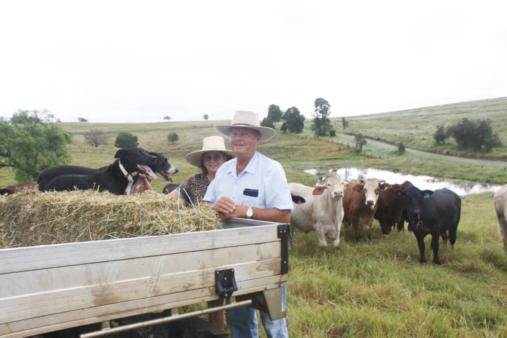 Gaye and Don Kirchner on their cattle property Templin Hills, west of Boonah with muster dogs Sue and Trixie. Picture: Alison Paterson 