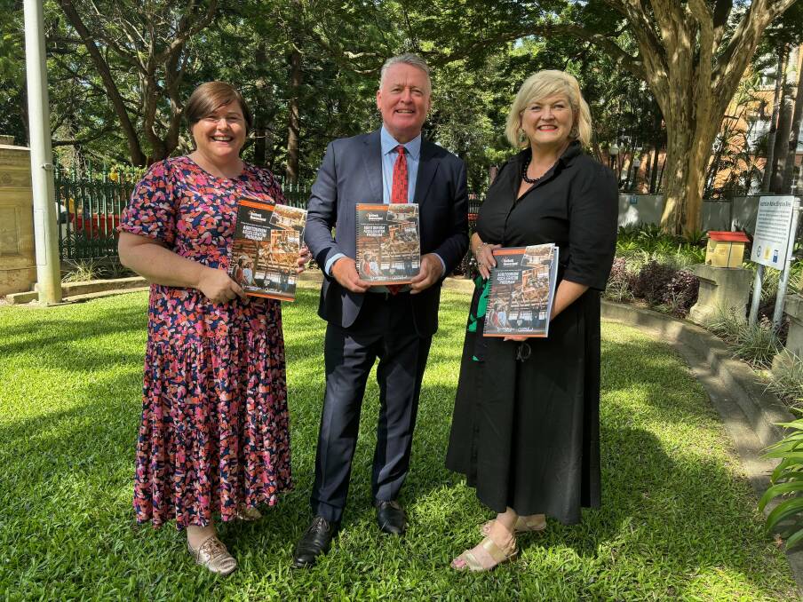 OQTA operations manager Kelly Hensley, Queensland Tourism Minister Michael Healy and OQTA CEO Denise Brown celebrate the Outback Queensland Agritourism Accelerator Project to help grower and graziers diversify their businesses. Picture: Supplied.