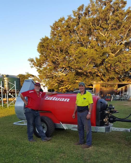 Silvan representative Ian Davison with grower Mark Smith and his new Silvan cannon jet sprayer