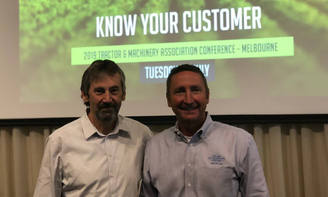 Tyre technology: Tractor and Machinery Association executive director Gary Northover with Titan International agriculture product manager Scott Sloan at the Annual TMA conference. 
